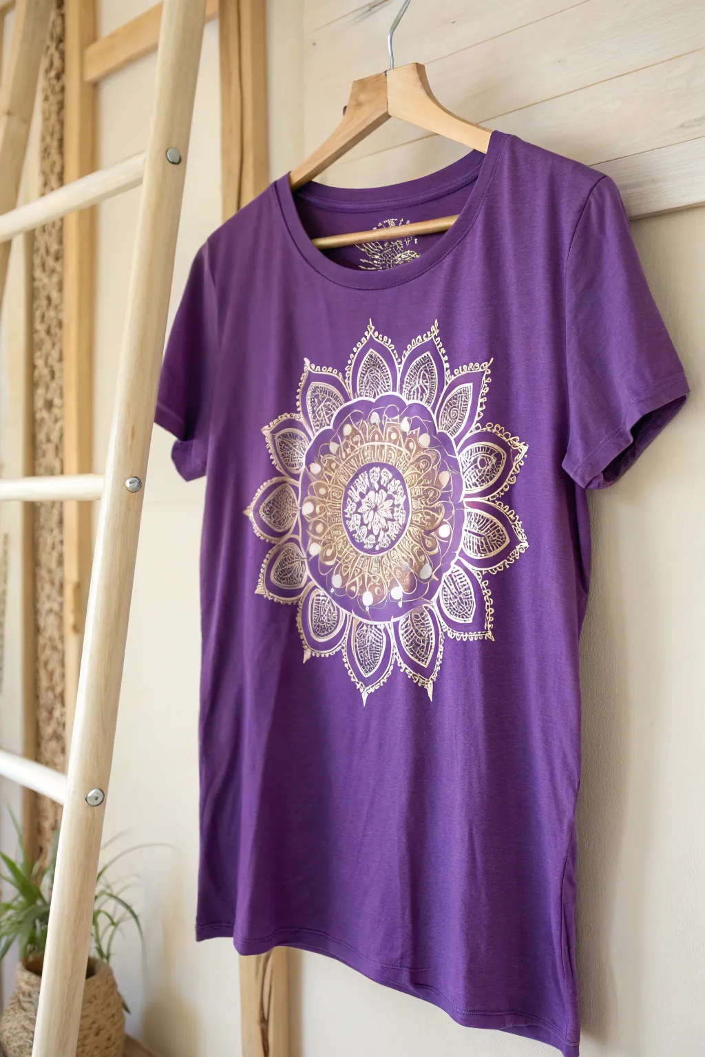 Elevate your style with a touch of artistry. This purple t-shirt, adorned with an intricate mandala, captures the essence of minimalistic beauty and craftsmanship.