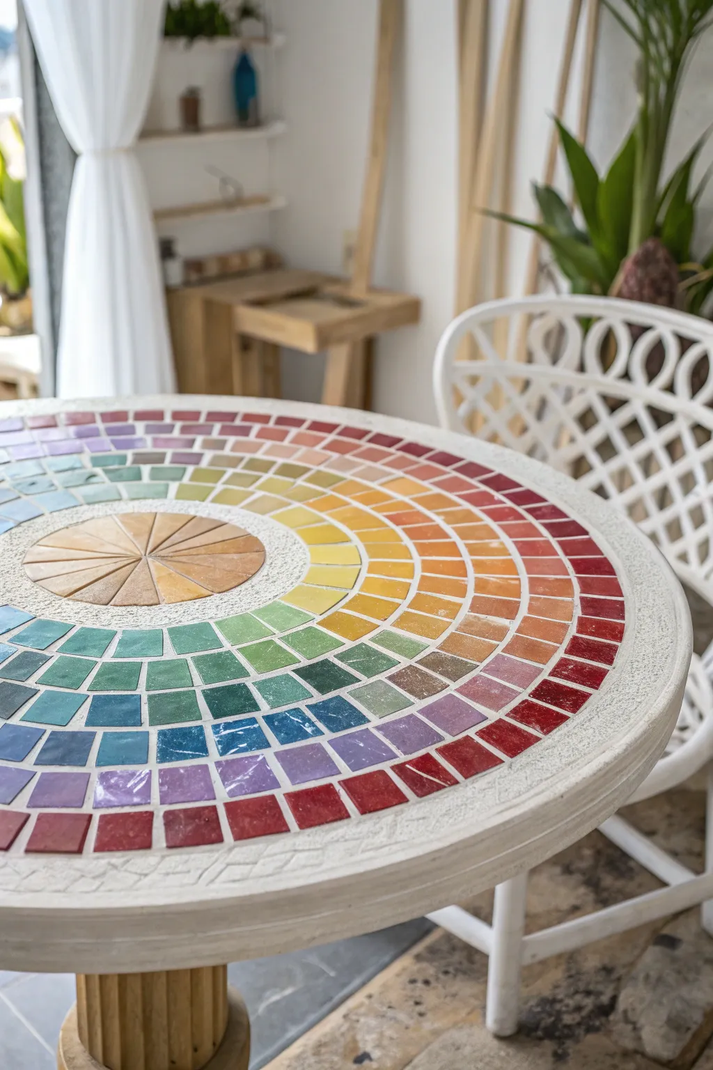 Transform your space with a vibrant color wheel mosaic tabletop, where craftsmanship meets minimalist elegance.
