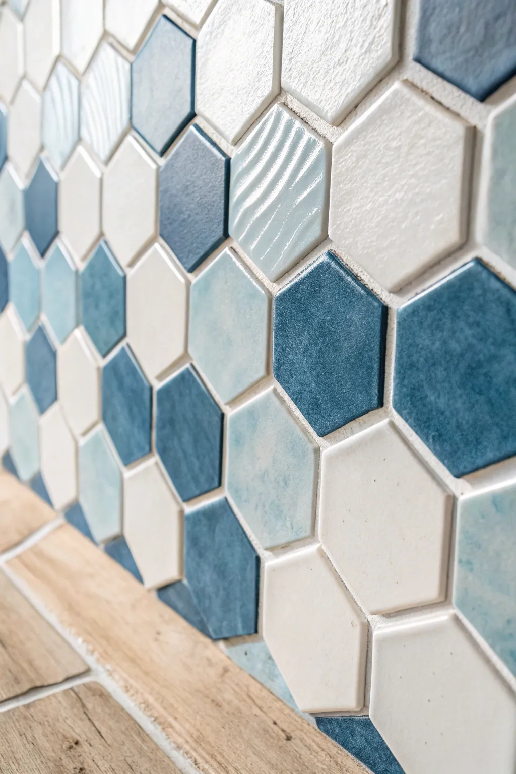 Embrace the beauty of geometric elegance with hexagon mosaic tiles in soothing blues and whites.