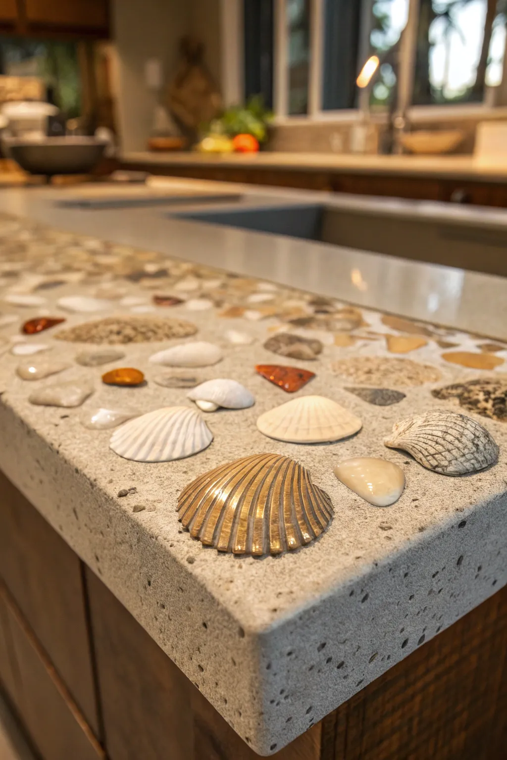 Bring the ocean home with this stunning seashell inlay countertop—where craftsmanship meets coastal charm.