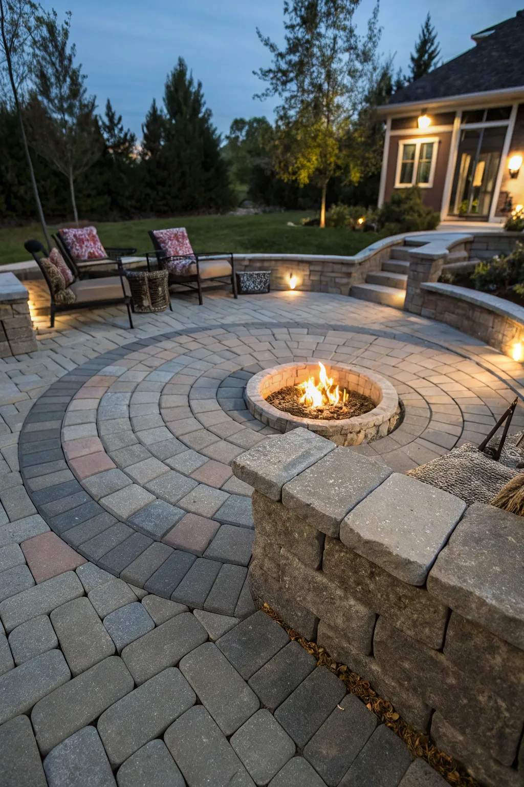 Craft your perfect outdoor retreat with a beautifully arranged concrete paver fire pit area.