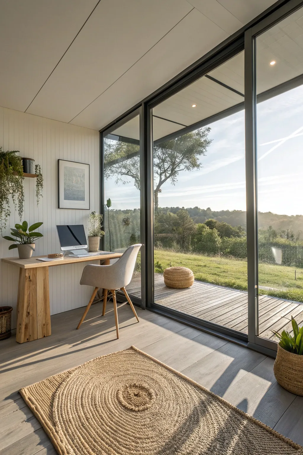 Embrace the beauty of natural light and serene views with floor-to-ceiling glass walls in your minimalist container office.