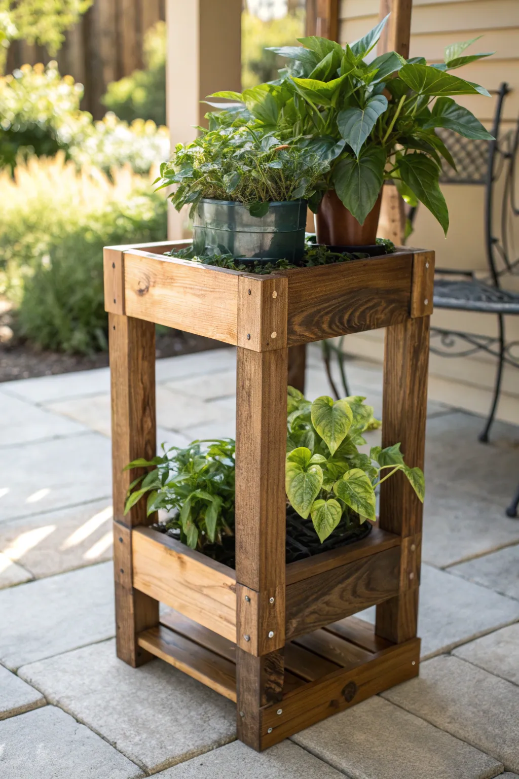 Elevate your patio garden with this handcrafted two-tier plant stand, a perfect blend of rustic charm and elegant design.