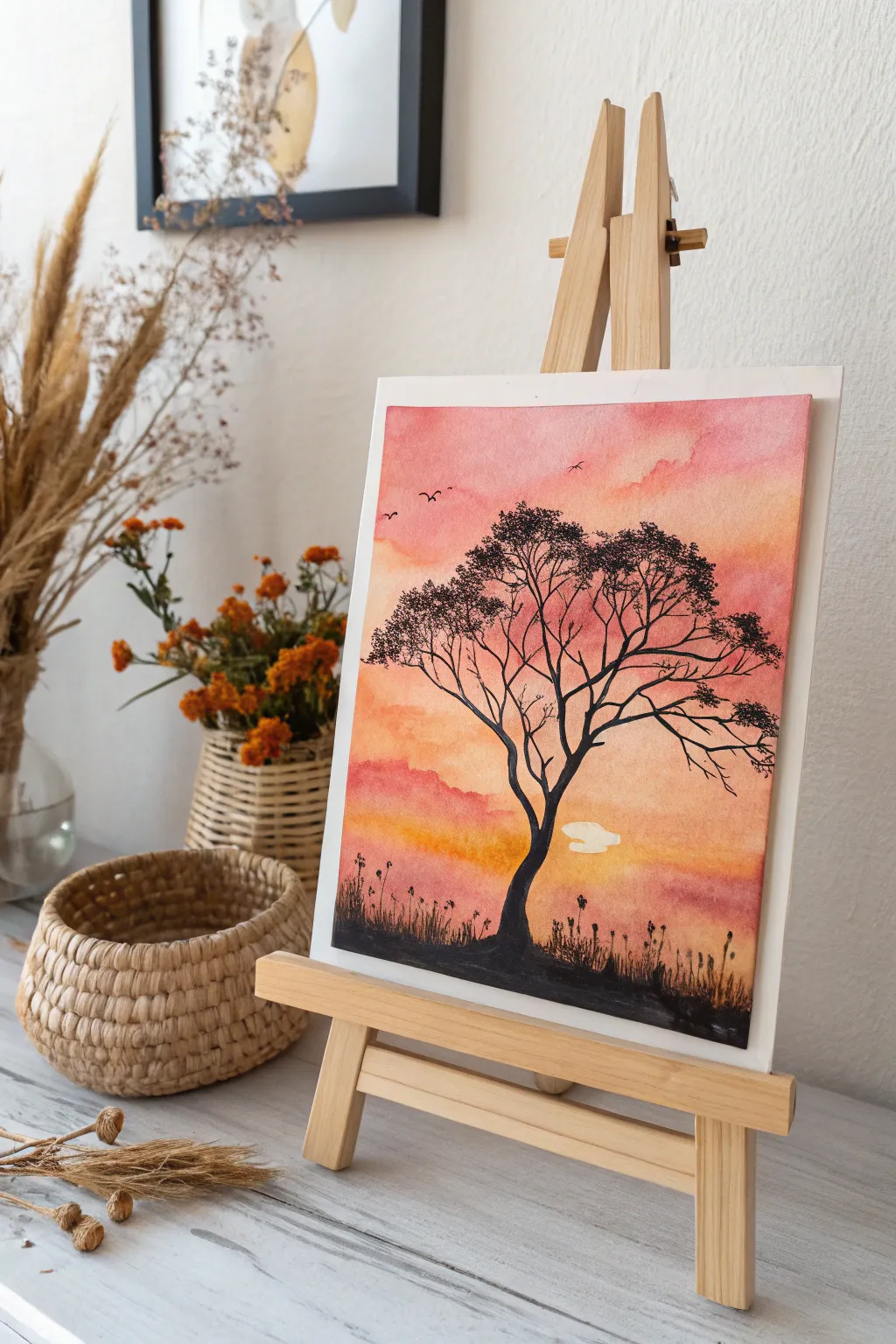 Capture the beauty of nature's masterpiece with a watercolor sunset silhouette.