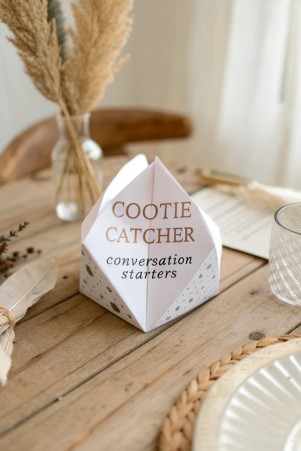 Spark meaningful connections with a beautifully crafted cootie catcher, perfect for your next dinner party.