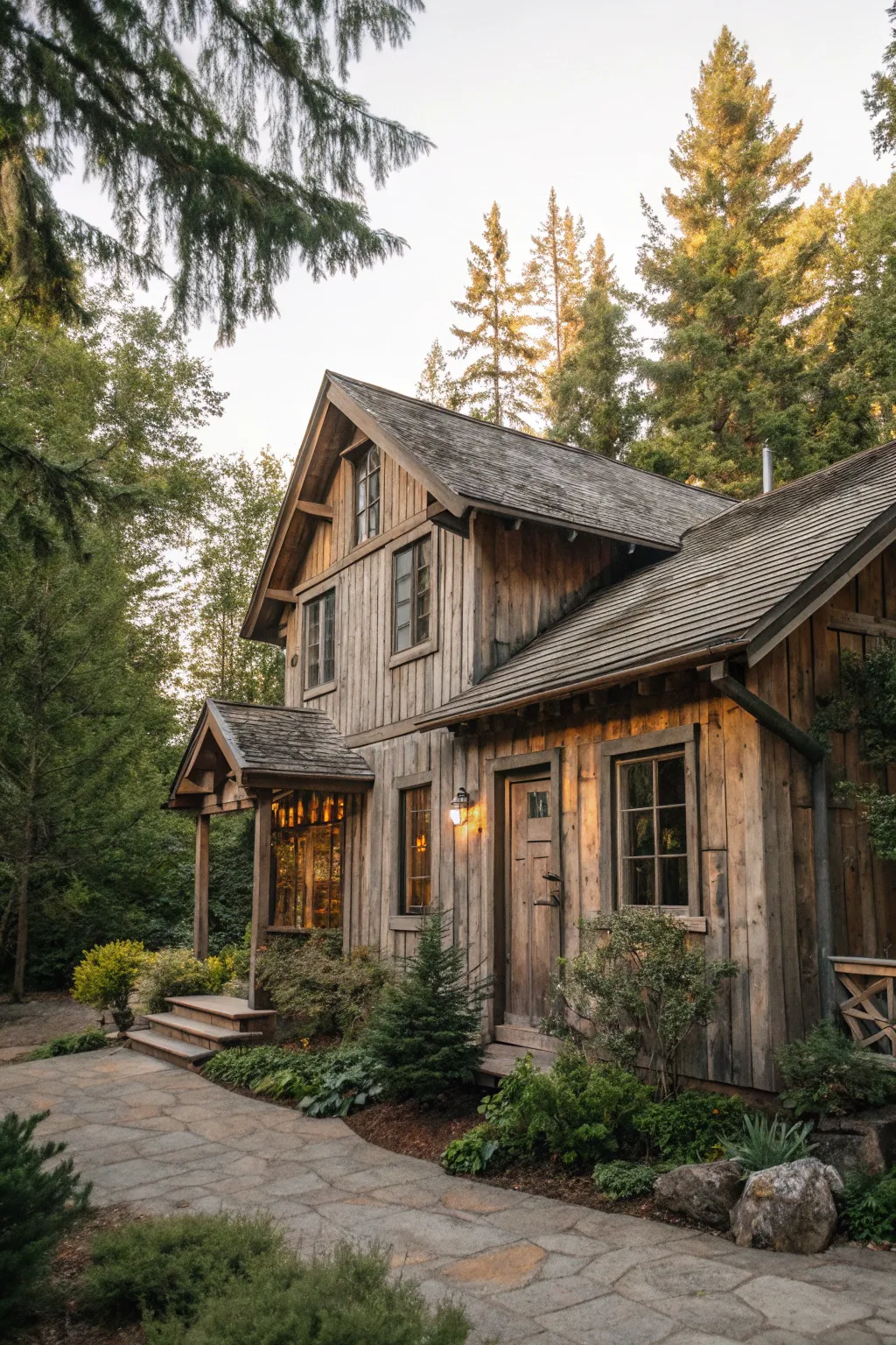 A rustic lake house that harmonizes with its environment.