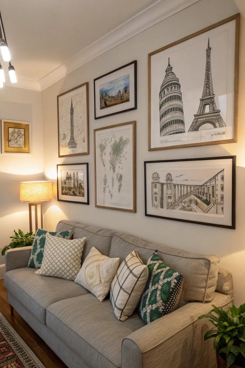 A gallery wall with national landmarks sketches that draw interest.