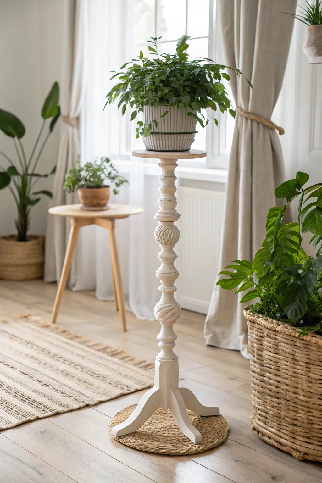 Elevate your indoor garden with a touch of Scandinavian elegance using a handcrafted spindle plant stand.