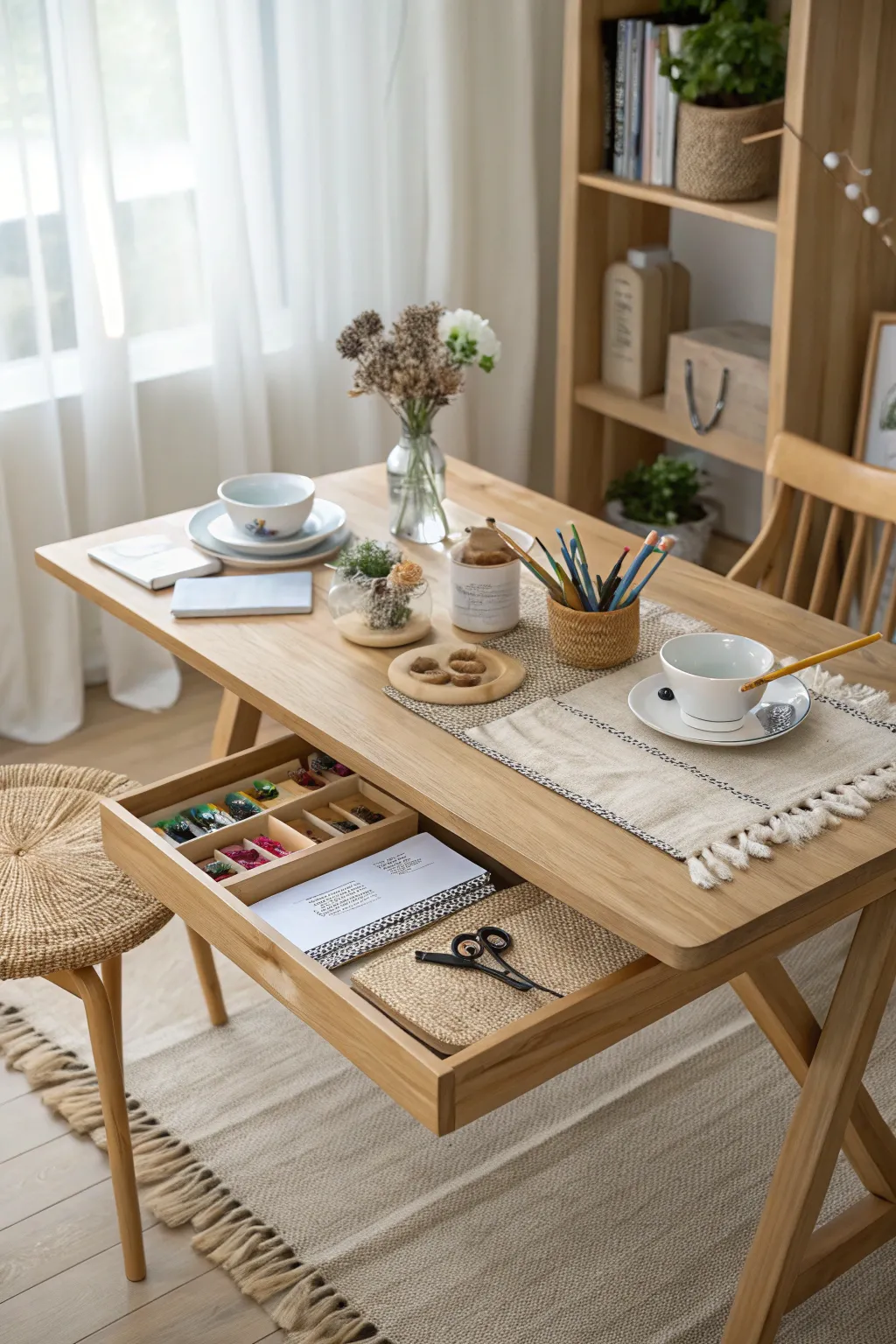 Effortlessly blend dining and creativity with this elegant multifunctional table.