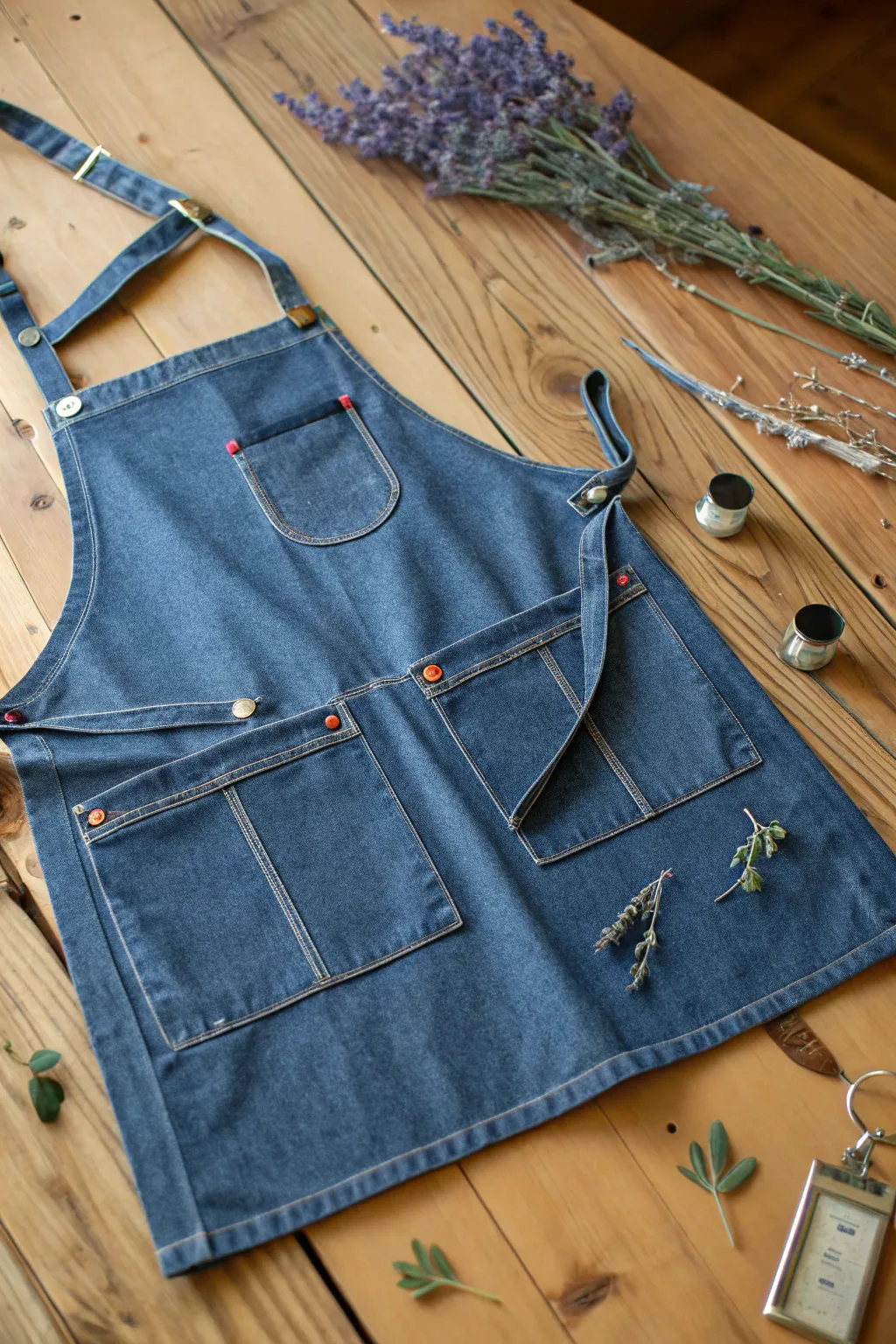 Crafted with care: Upcycled Denim Apron, where sustainability meets style. Perfect for the eco-chic market-goer.