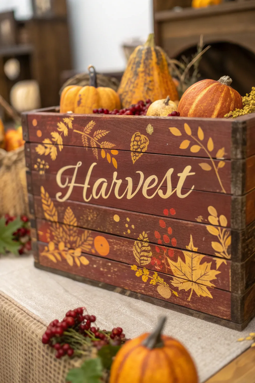 Craft a Seasonal Masterpiece: Transform your crate into a festive autumnal centerpiece.