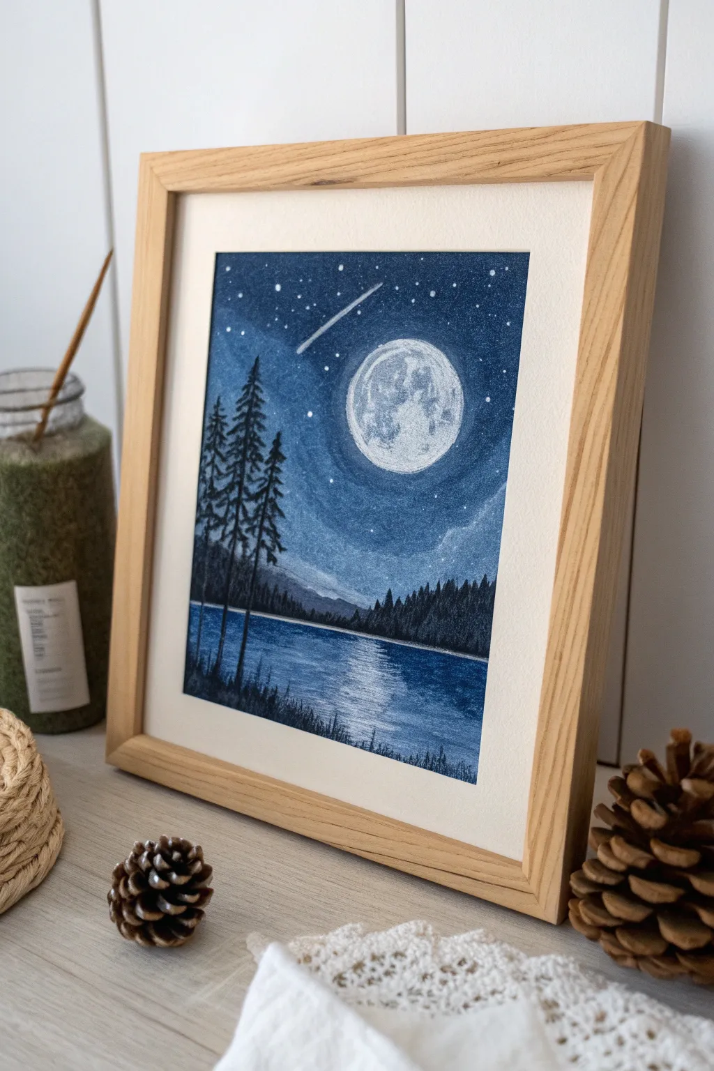 Capture tranquility with this dreamy night sky crayon art, where simplicity meets natural elegance.