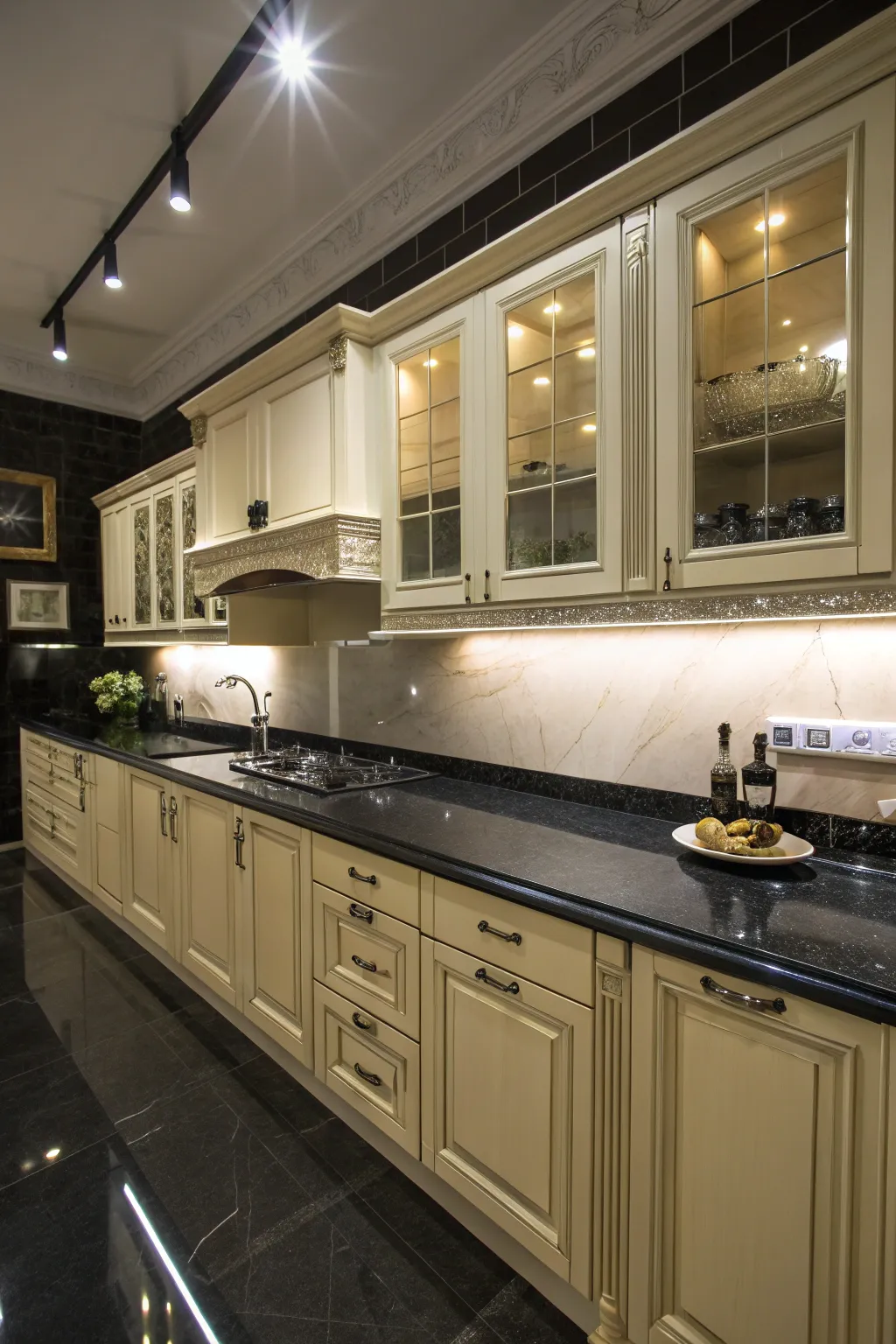 A blend of glossy and matte finishes adds a layer of sophistication to the kitchen.