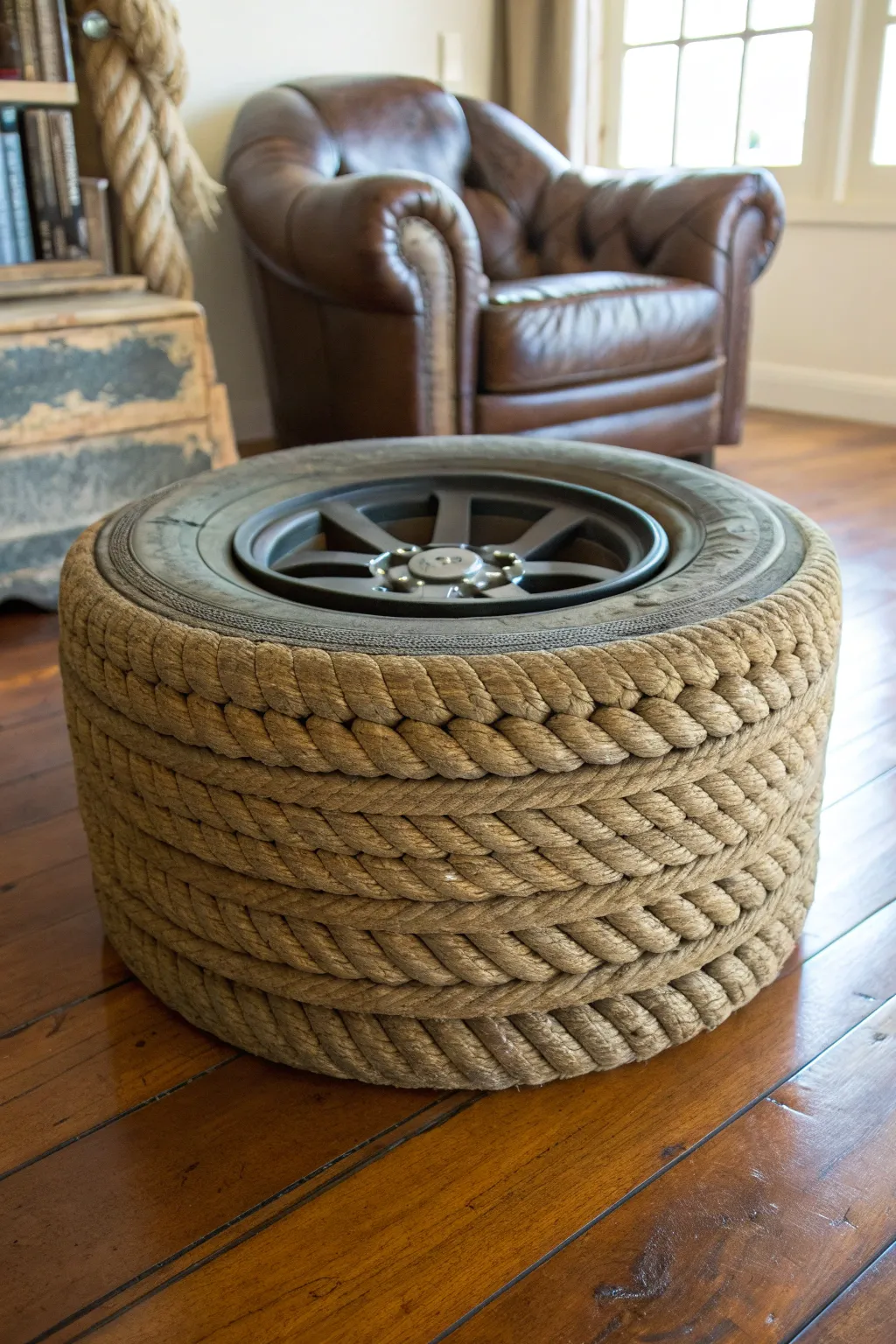 Transform your space with this handcrafted tire ottoman, where creativity meets craftsmanship.