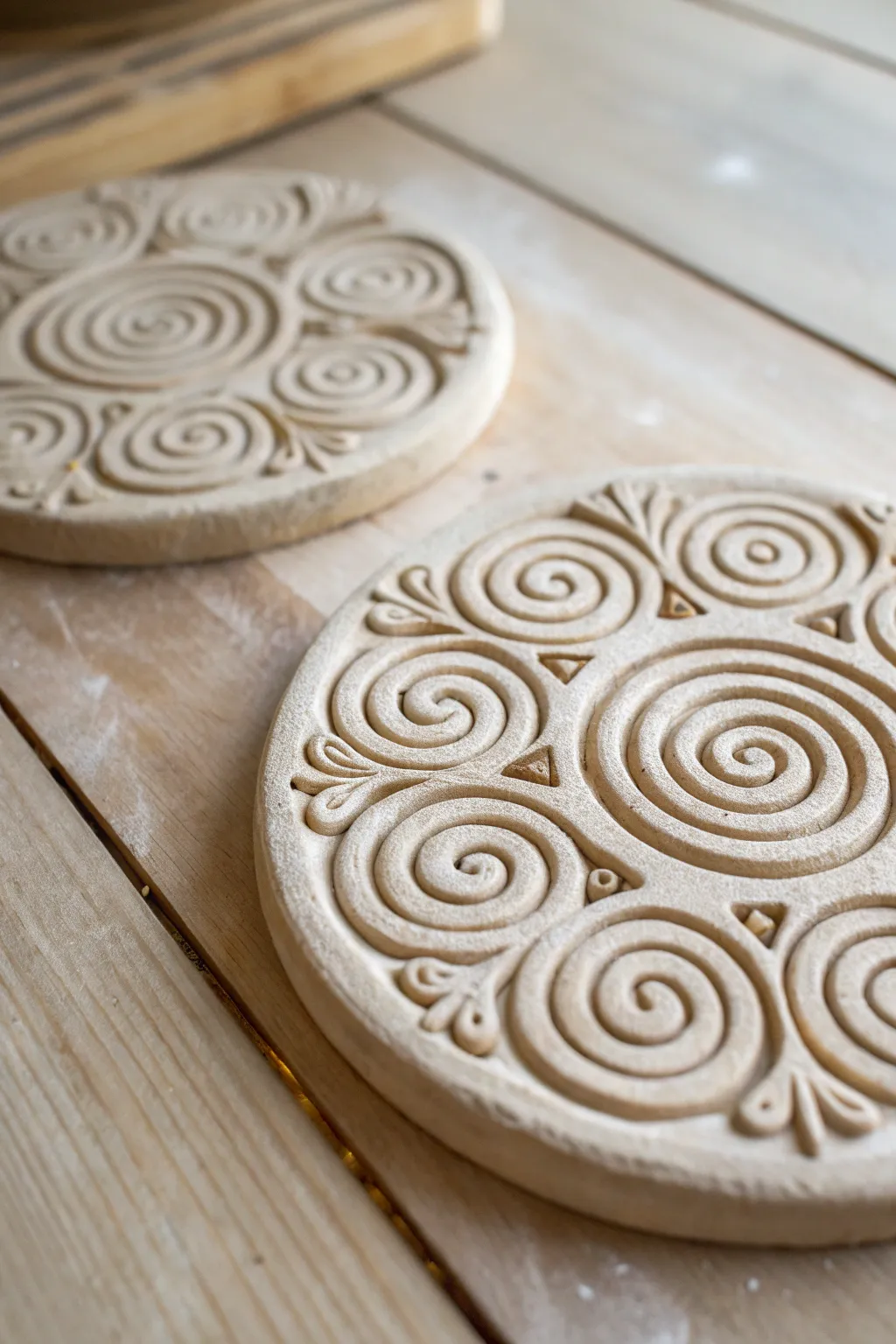 Enchant your kitchen with the natural elegance of spiral-patterned clay trivets.