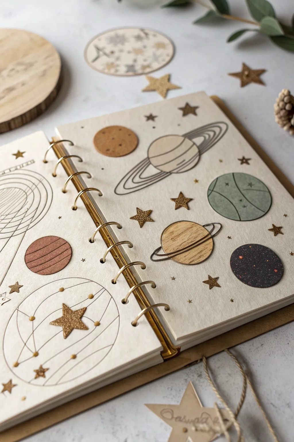 Explore the cosmos with a creatively themed scrapbook page that blends Scandinavian simplicity with Boho charm.