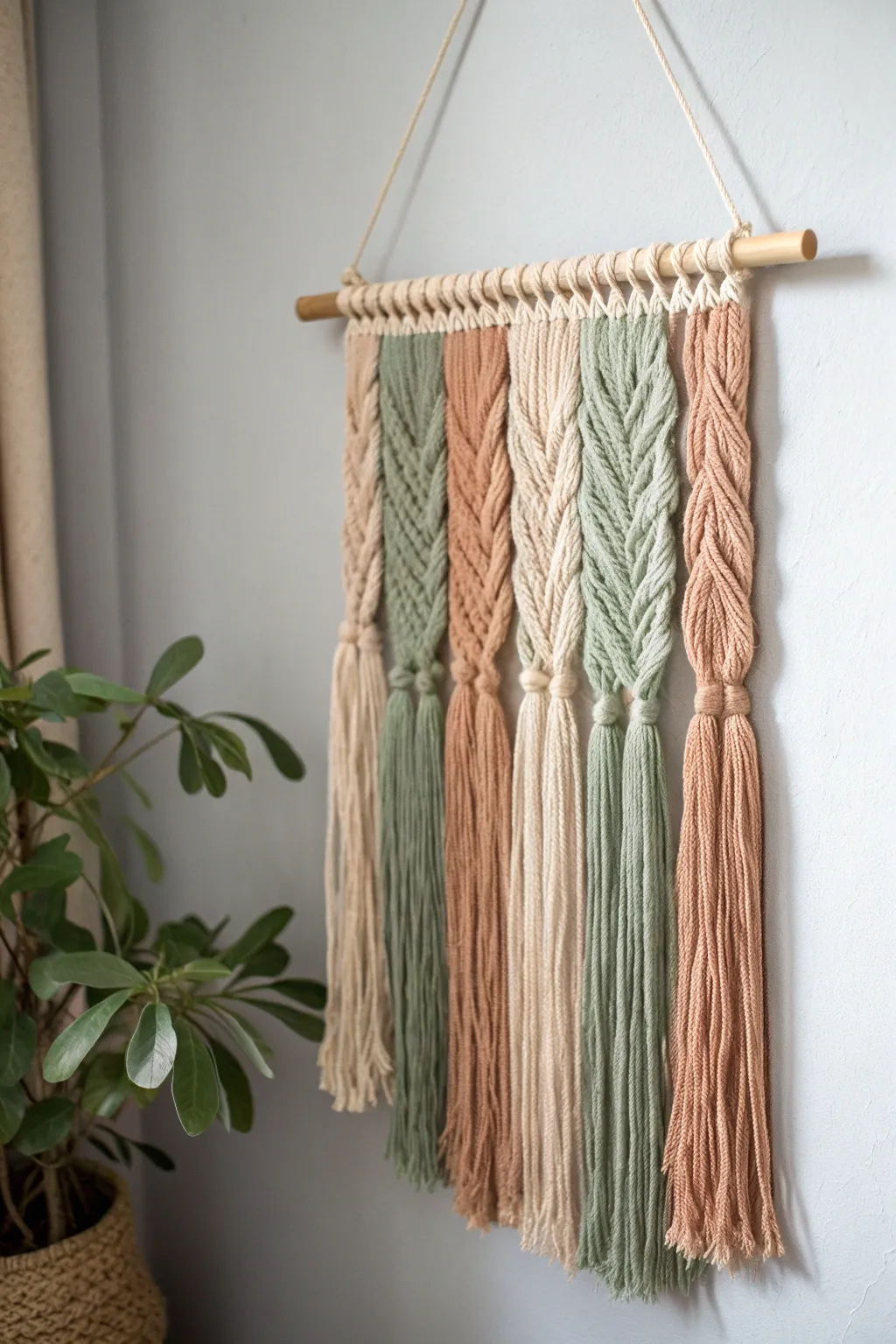 Elevate your space with this no-knit yarn wall hanging that combines Scandinavian minimalism with boho charm.