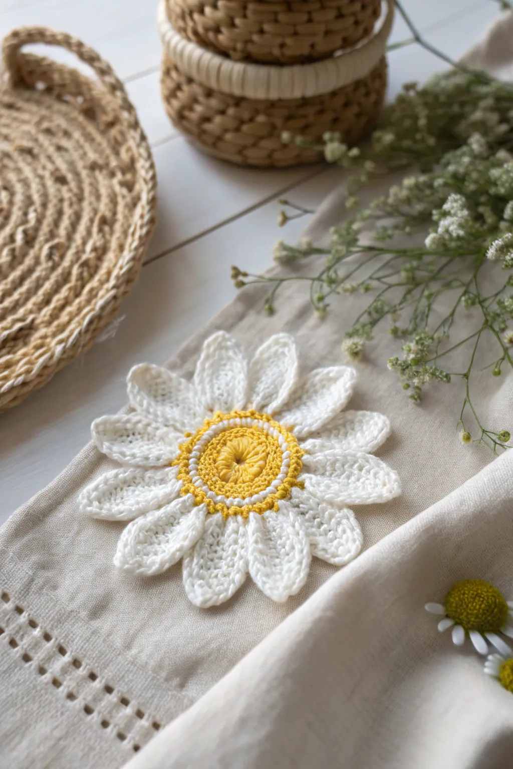 Embrace the innocence and purity of daisies with this beautifully crafted crochet flower.