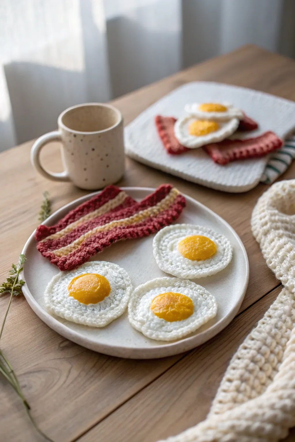 Start your day with a smile: Calorie-free crochet breakfast magic in minimalist style.