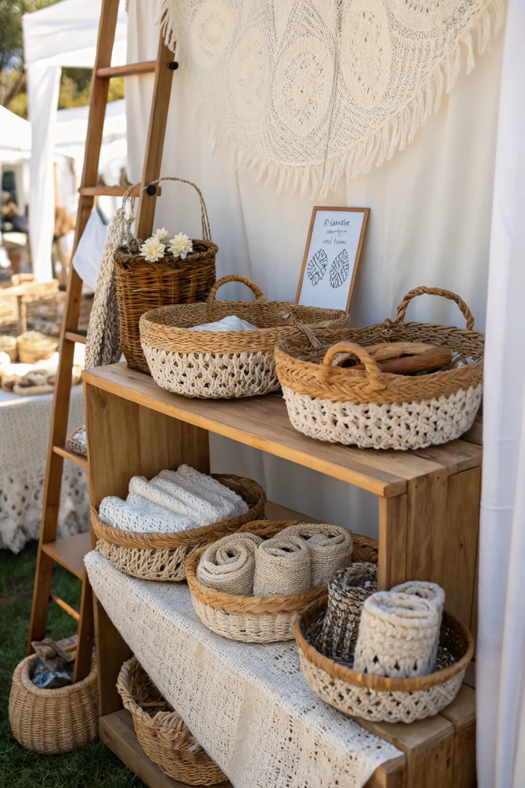 Elevate your market stall with a charming crochet display: simplicity meets natural beauty.