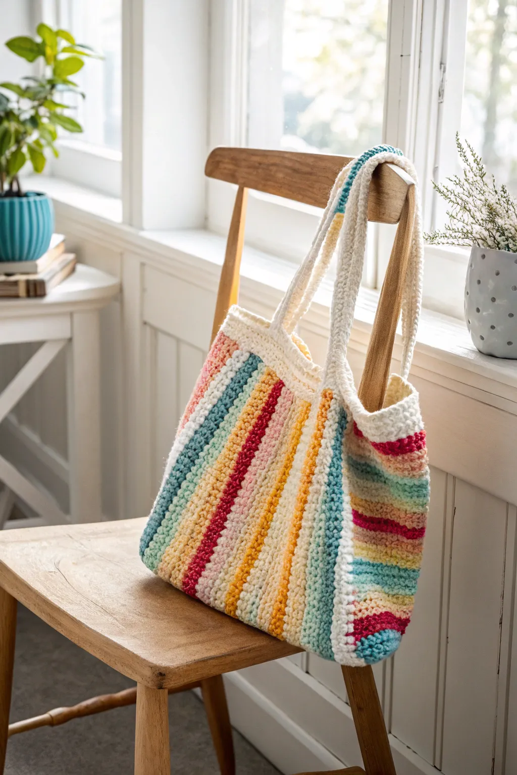 Embrace striped summer vibes with this eye-catching crochet tote, perfect for your next market visit!