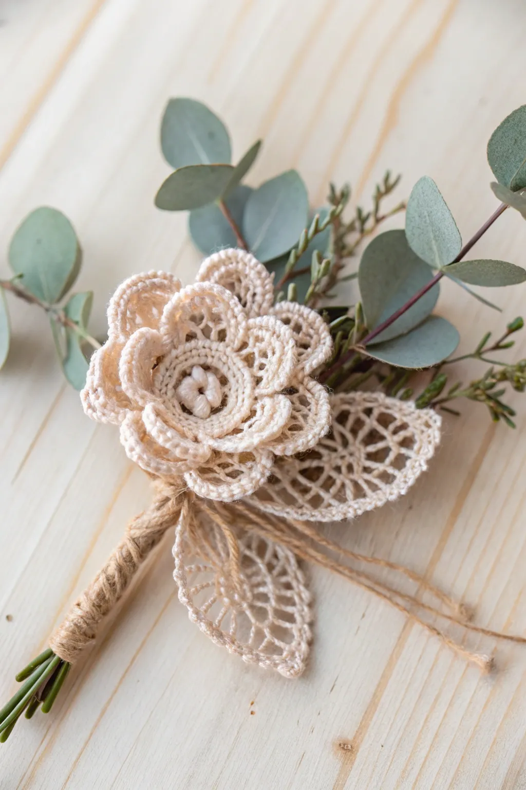 Elevate your wedding style with handcrafted crochet boutonnieres, blending elegance and rustic charm.