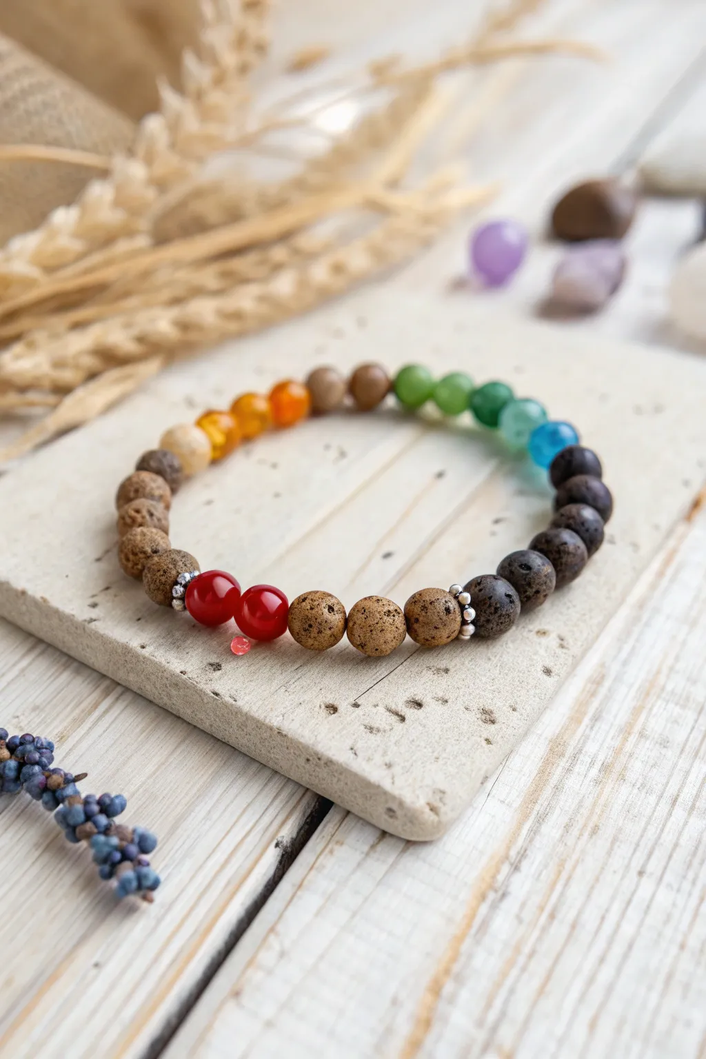 Elevate your style and spirit with this stunning Chakra Energy Stack bracelet, blending vibrant beads and soothing aromas.