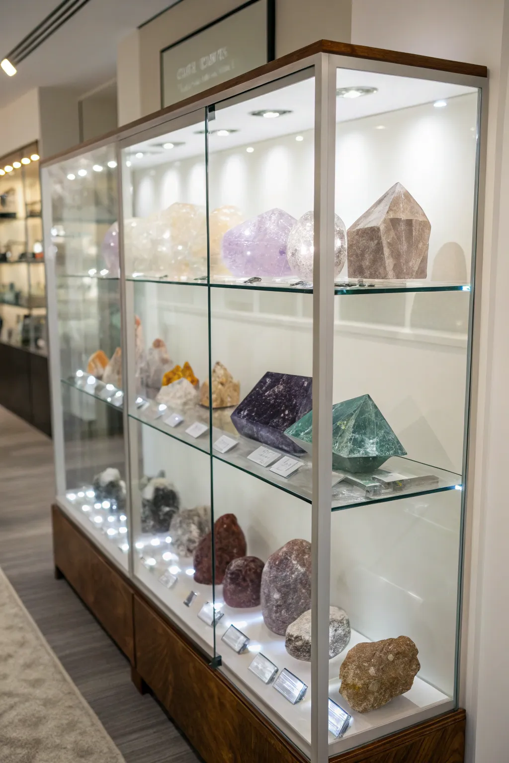 A glass case elegantly displaying a crystal collection.