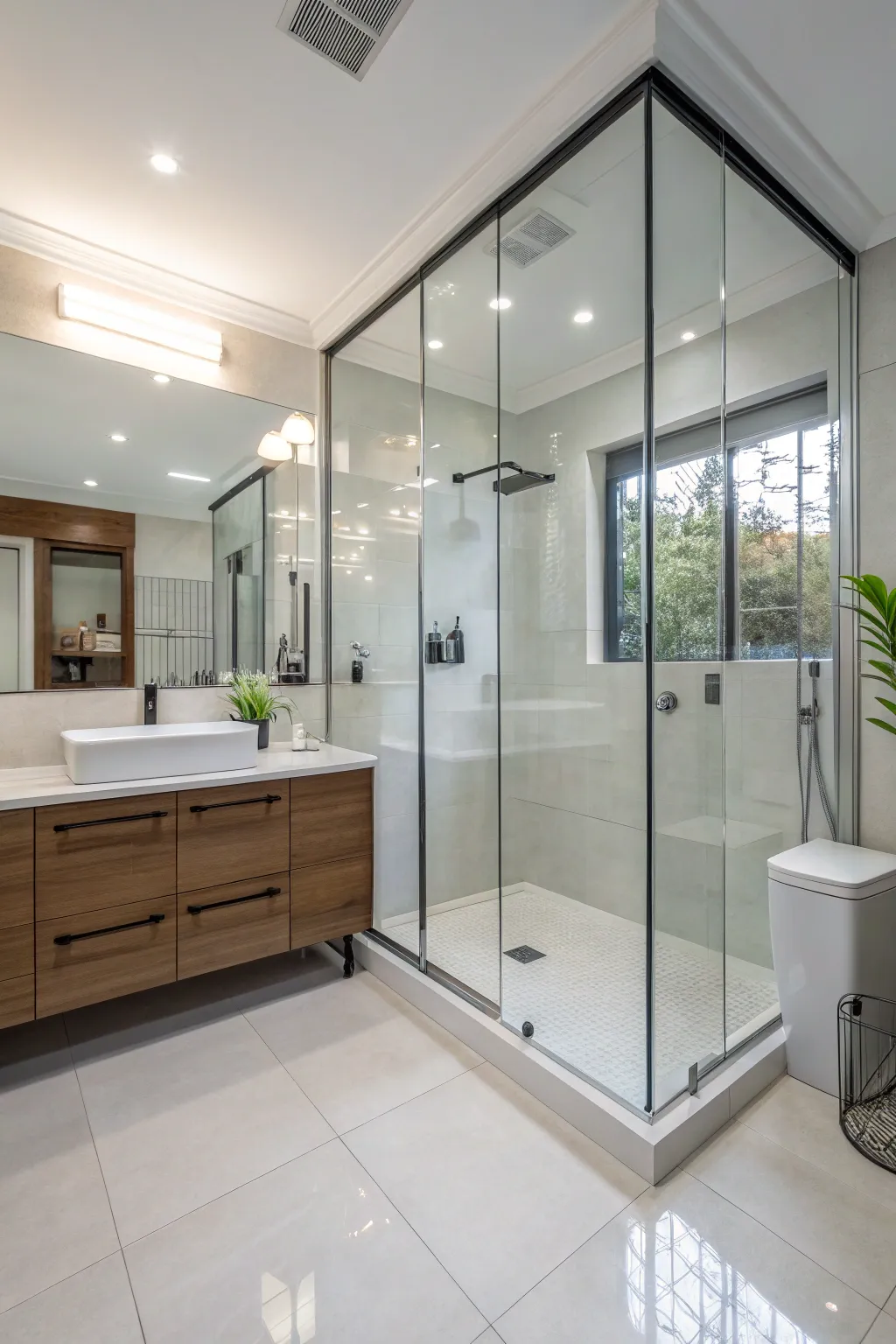 Experience openness with a sleek glass shower design.