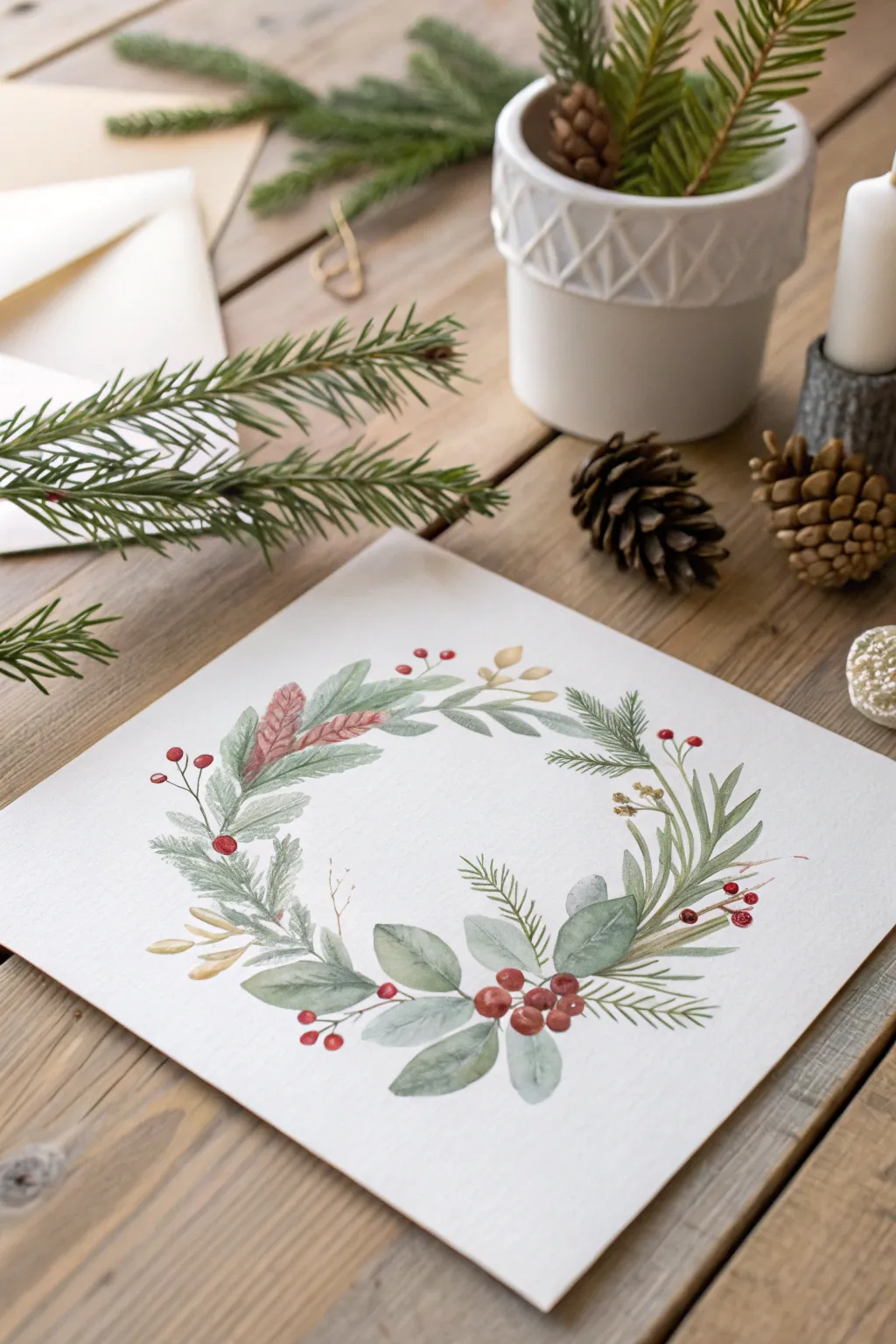 Capture the serene beauty of the season with a hand-painted watercolor wreath card - where simplicity meets elegance.