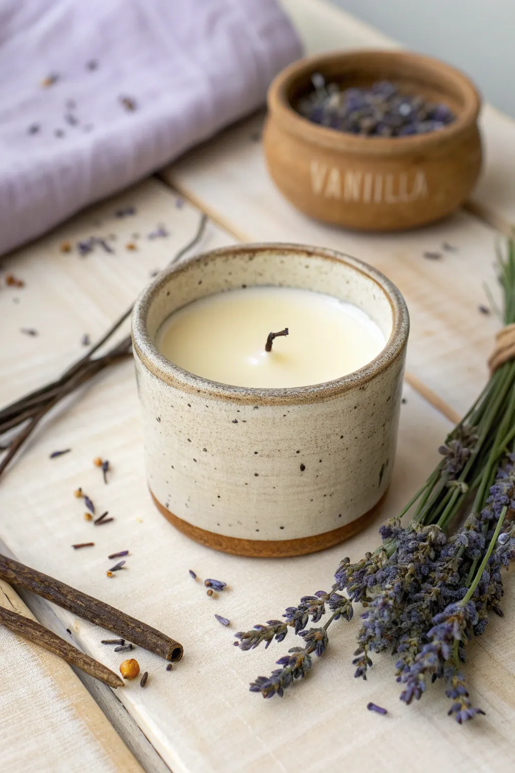 Embrace tranquility with a handcrafted lavender and vanilla scented candle, perfect for a touch of minimalist elegance.