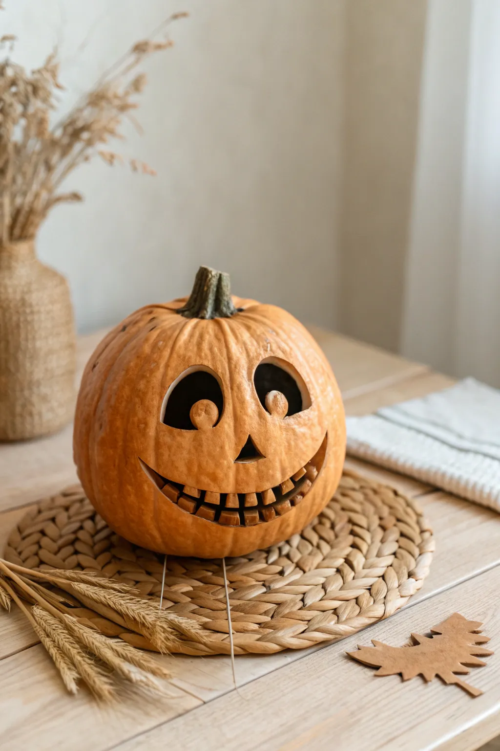 Embrace the charm of a friendly jack-o'-lantern with a Scandinavian twist. Perfect for adding a touch of whimsy to your Halloween decor!