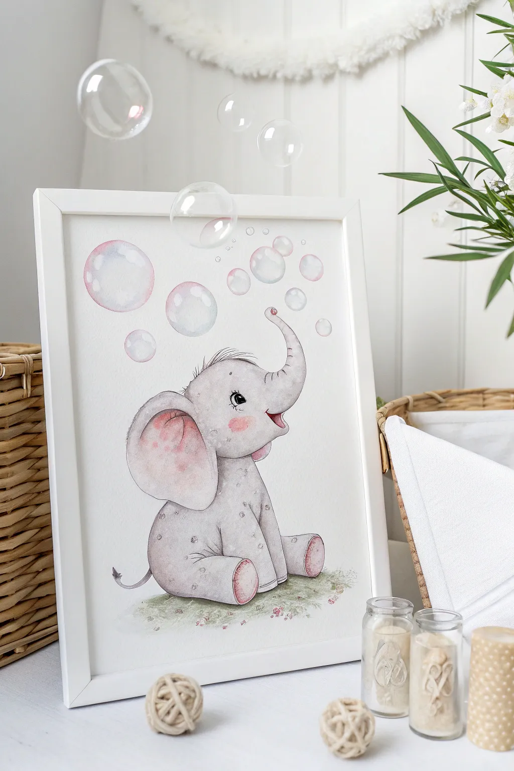 Delight in simplicity: A playful elephant with bubbles, adding joy to your day.
