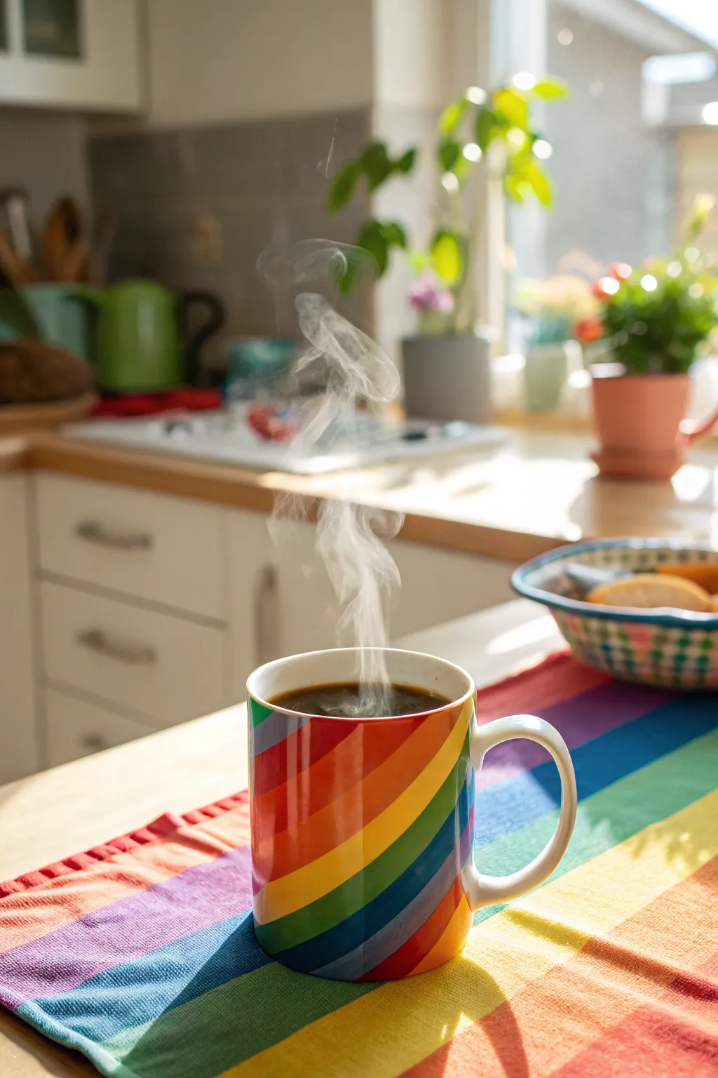 A rainbow-themed mug brings joy to your morning routine.