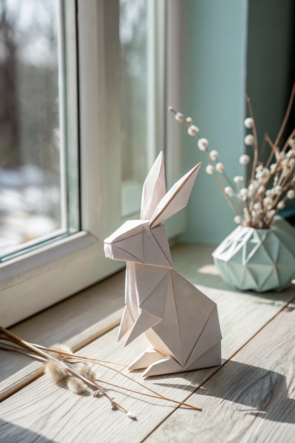 Delight in the simplicity and charm of a handcrafted origami rabbit, bringing a touch of springtime elegance to any space.