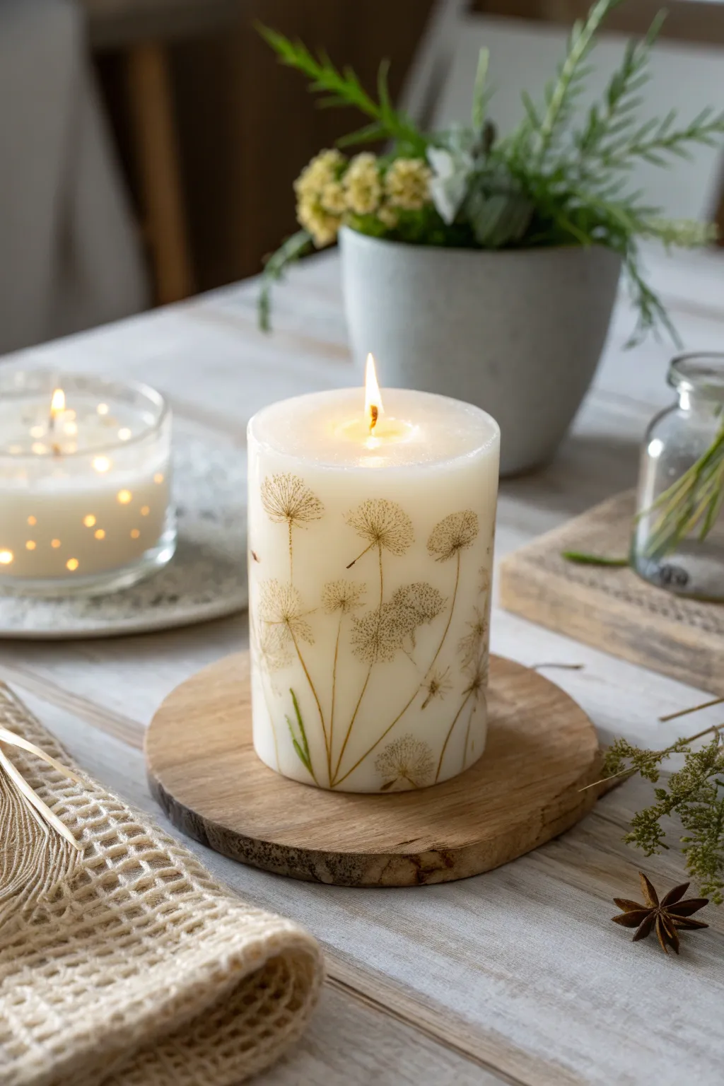 Illuminate your space with the subtle elegance of a dandelion-infused candle, where simplicity meets natural beauty.