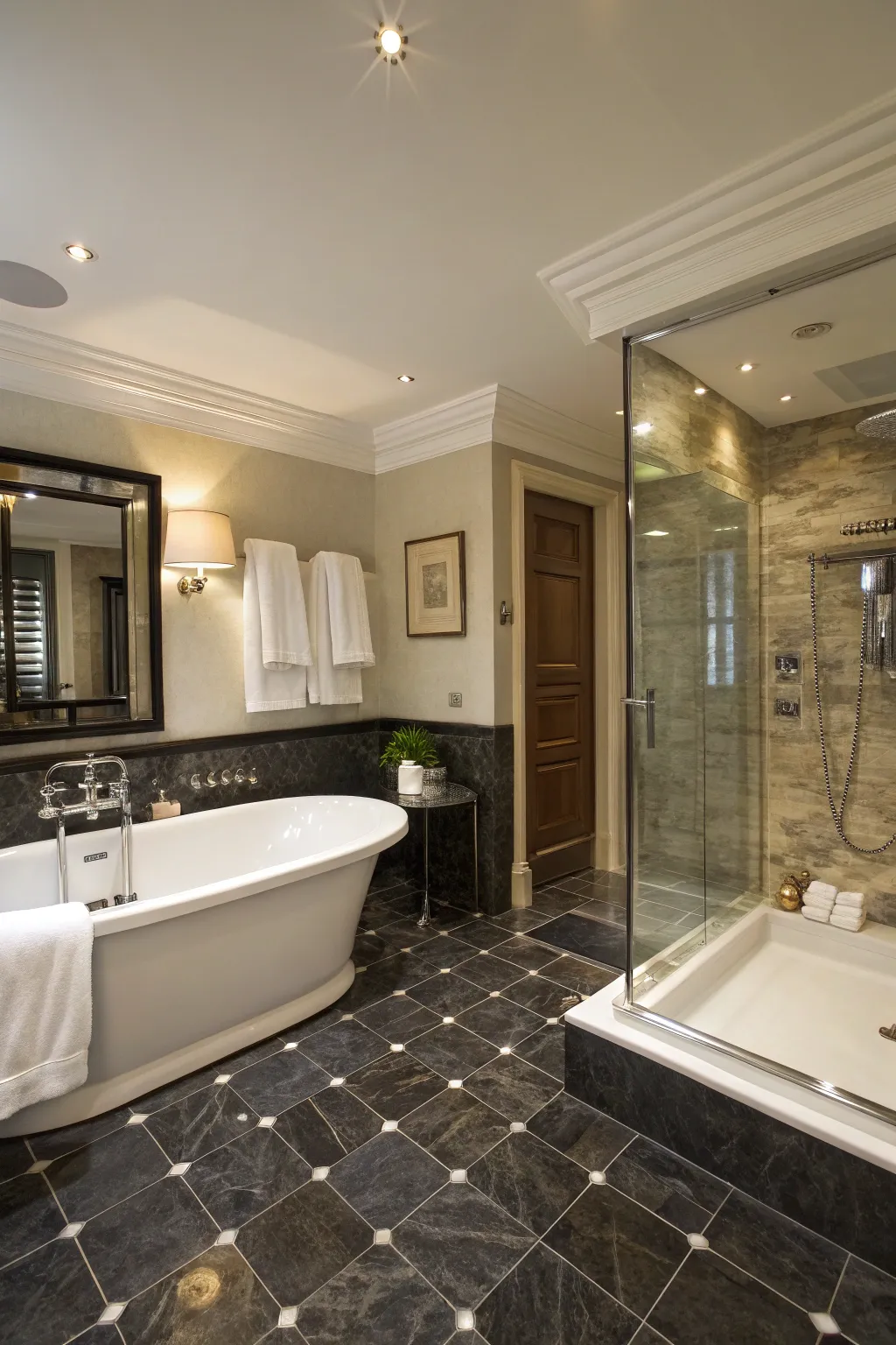 A luxurious bathroom retreat with dark tiles.