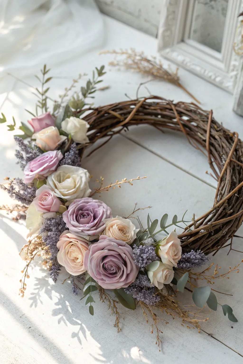 Embrace the beauty of spring with a whimsical grapevine wreath adorned with pastel blooms.