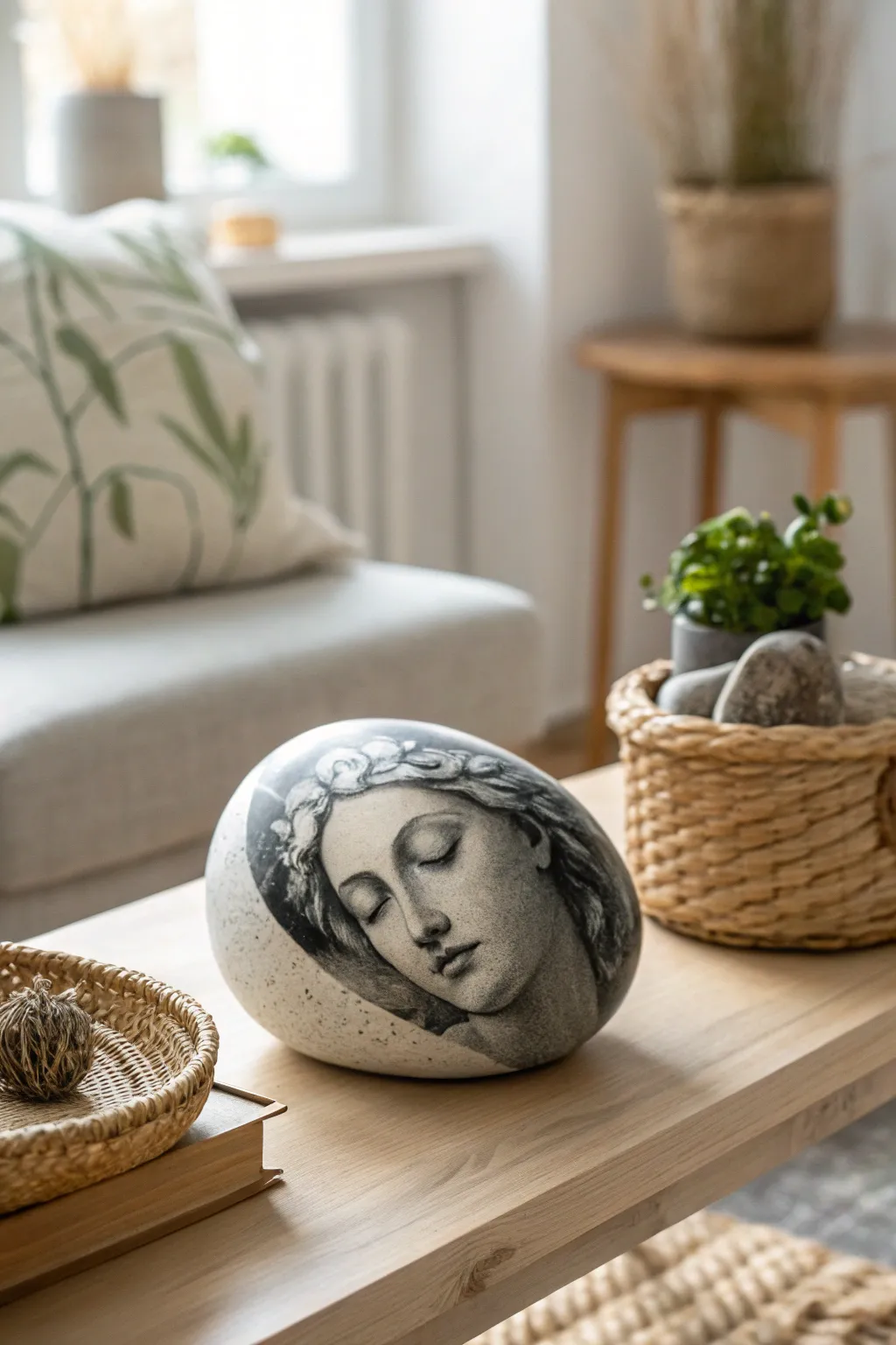 Transform simple stones into captivating art with decoupage portraits. A touch of elegance for your minimalist space.