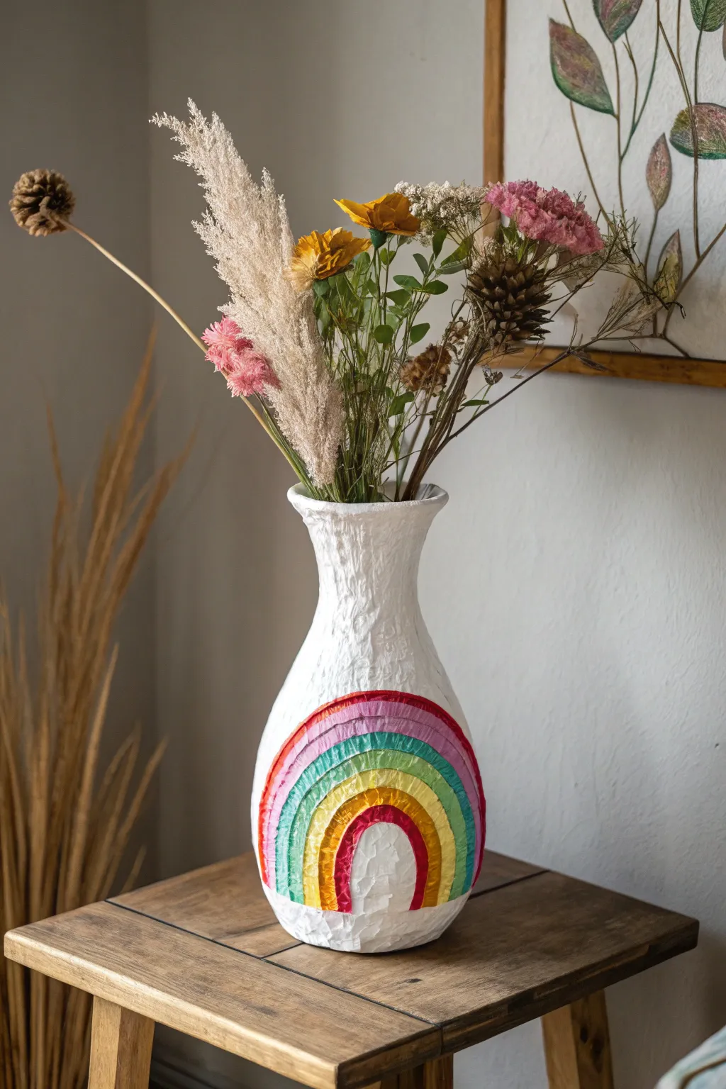 Add a splash of color to your space with a handcrafted rainbow decoupage vase, perfect for those who love a blend of minimalism and Boho flair.