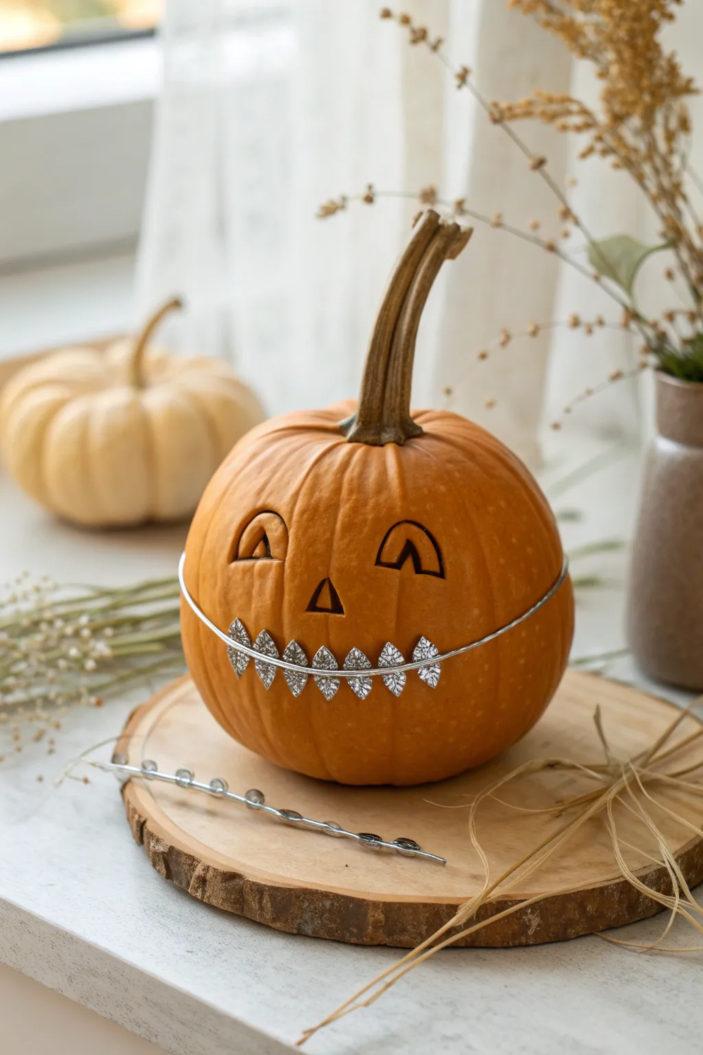 A charming twist on a classic pumpkin—embrace the quirky elegance of braces this Halloween!