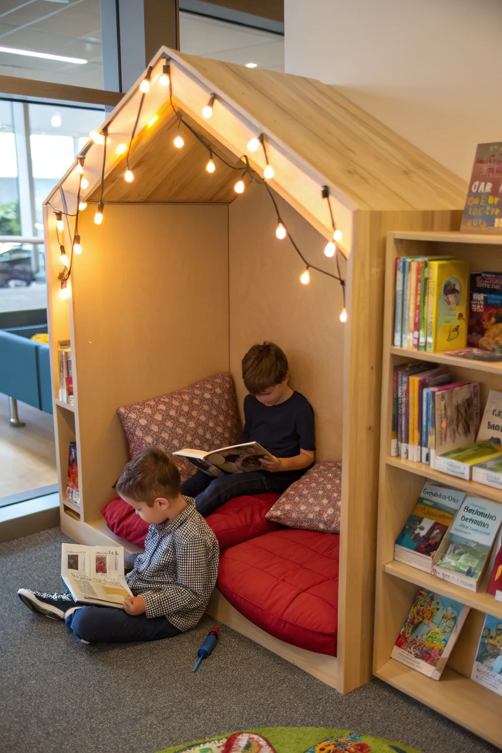 A cozy nook invites young readers to curl up with their favorite stories.