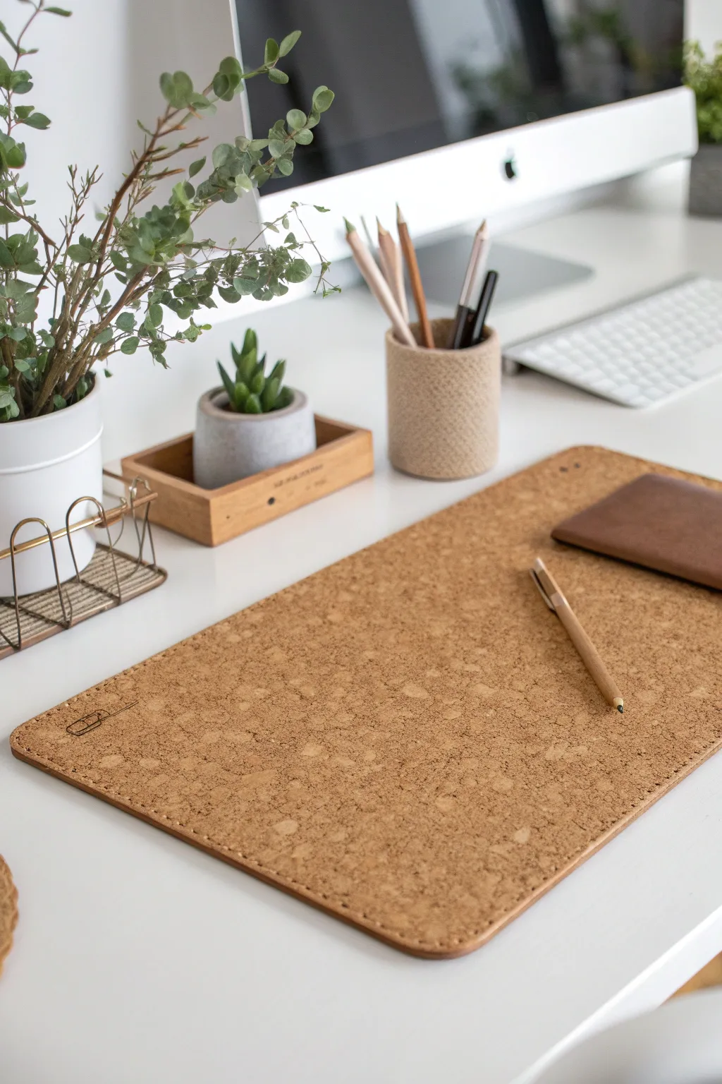 Embrace natural beauty with an eco-friendly cork desk pad that complements your Scandinavian-inspired workspace.