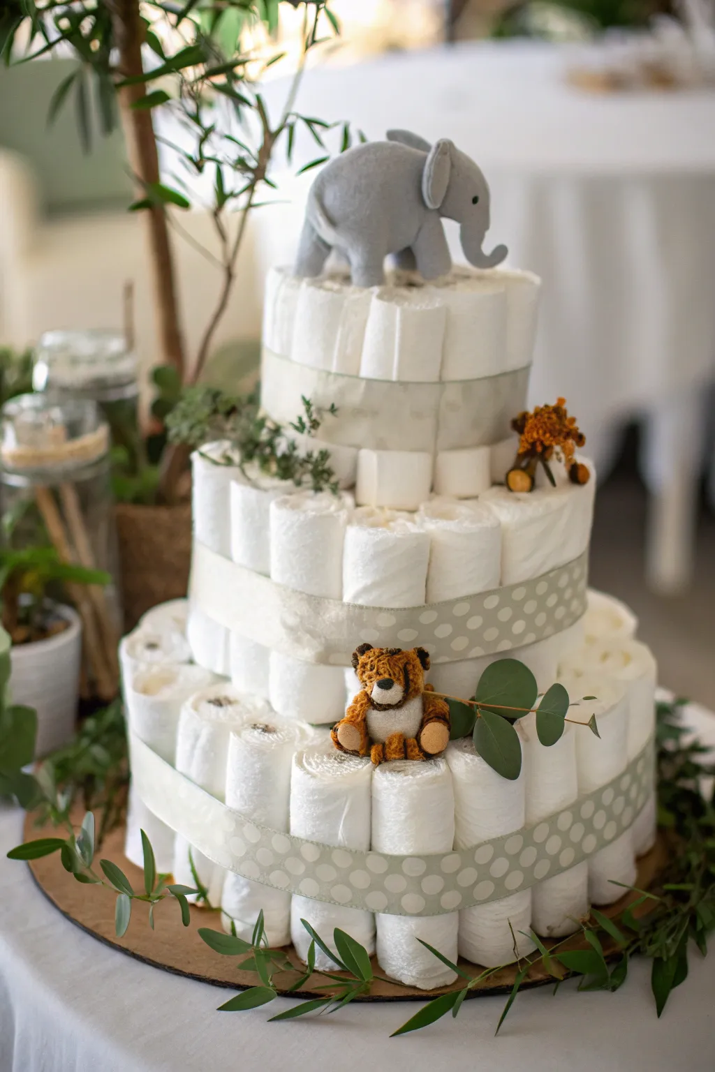 Embark on a jungle safari with this charming diaper cake, perfect for an adventurous baby shower centerpiece!