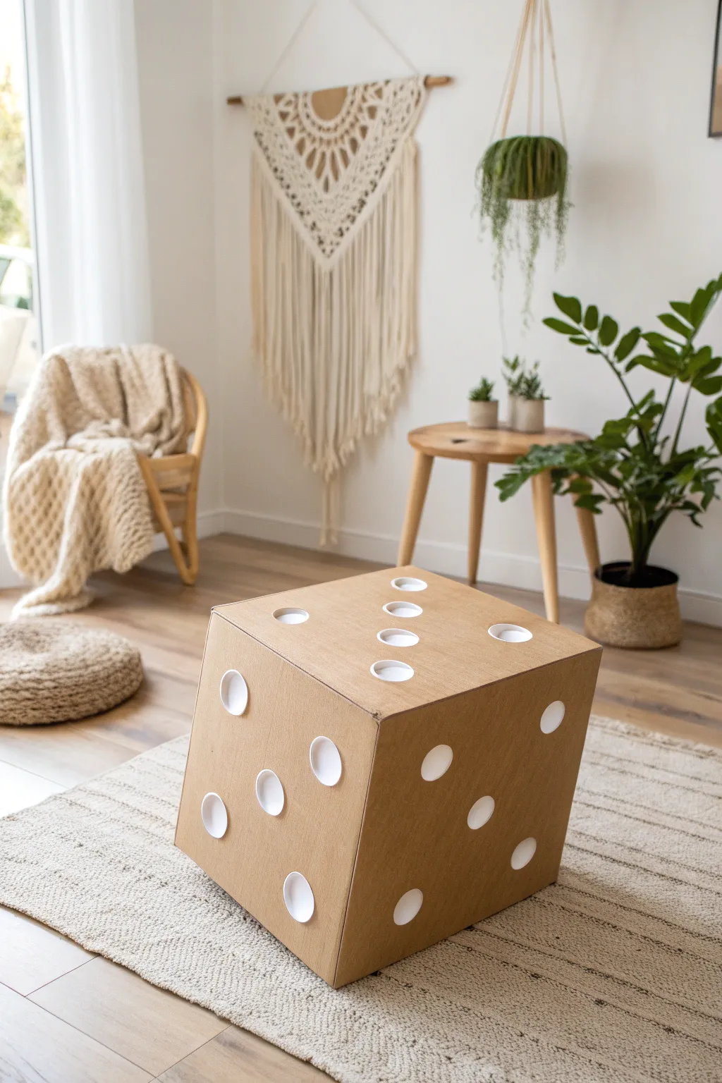 Add a whimsical touch to your space with this giant cardboard die, blending playful craft with minimalist elegance.