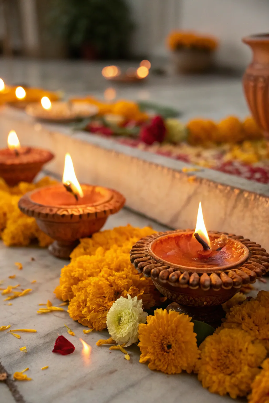 Diyas create an enchanting glow perfect for capturing the essence of Diwali.