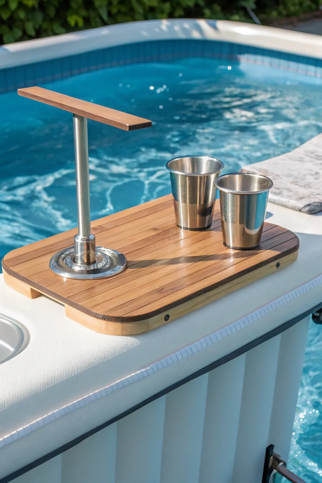 Elevate your poolside experience with a handcrafted floating drink station, perfect for stylish, refreshing moments.