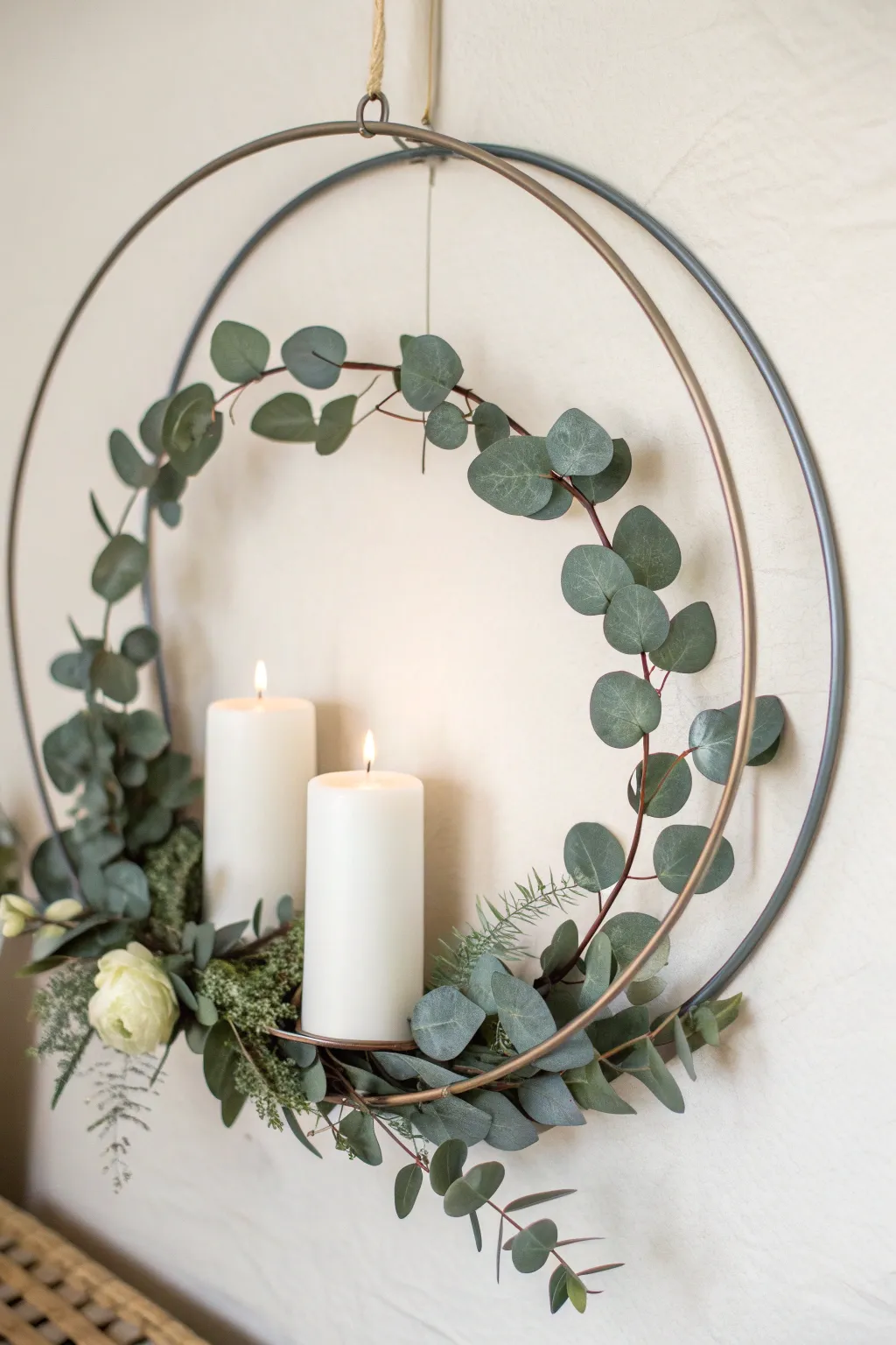 Embrace the modern elegance of a minimalist metal ring wreath, where simplicity meets natural beauty.