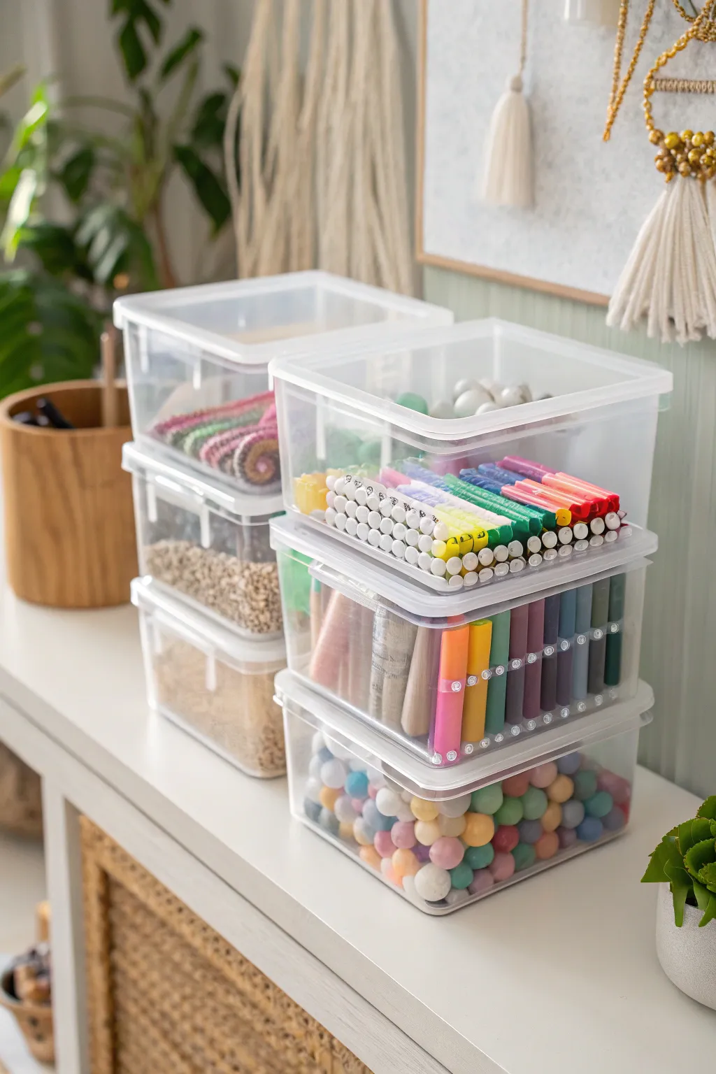 Embrace the art of organization with clear containers—where visibility meets elegance in your creative space.