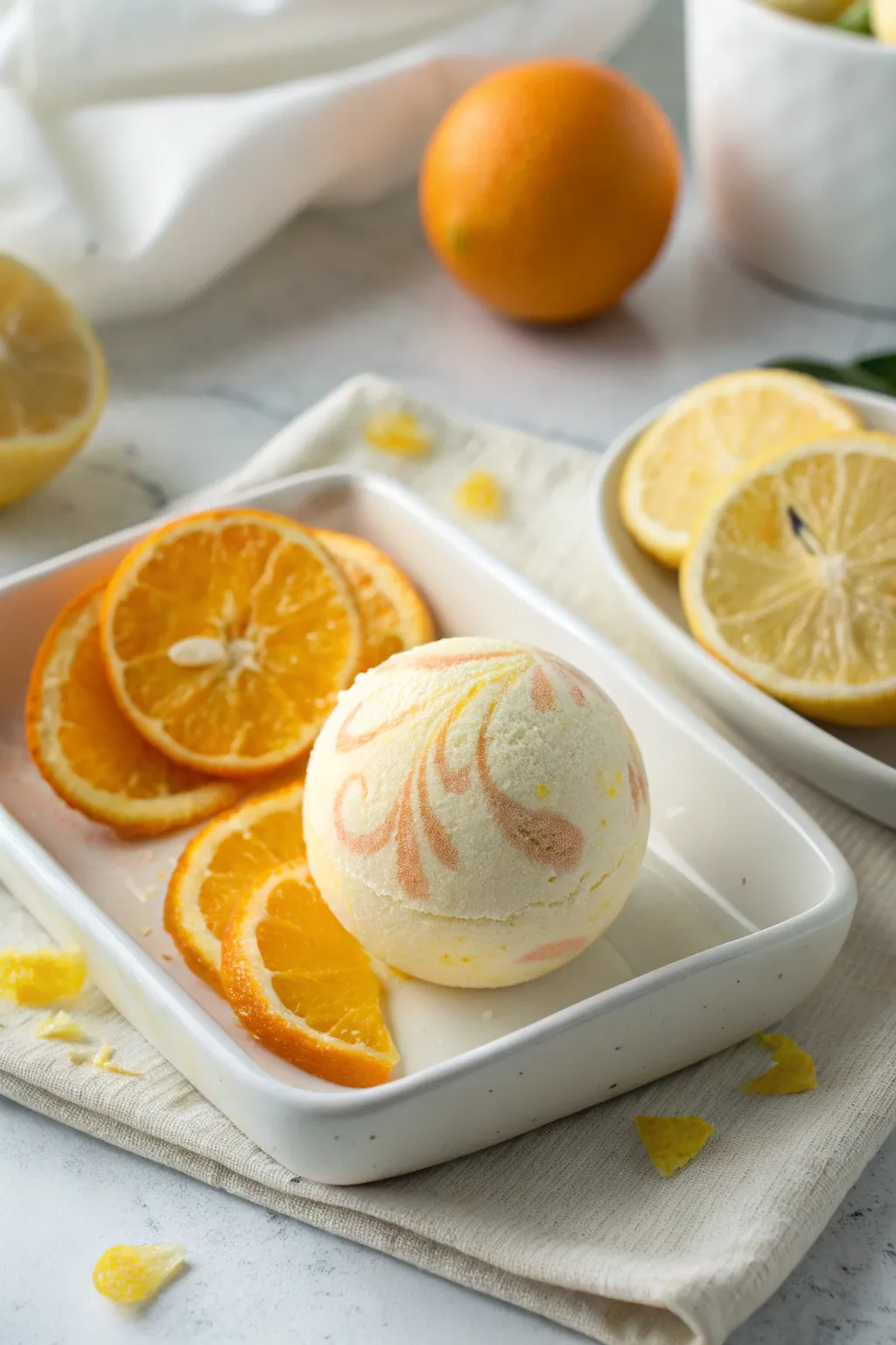 Awaken your senses with a Citrus Sunrise bath bomb – a refreshing blend of orange and lemon joy!